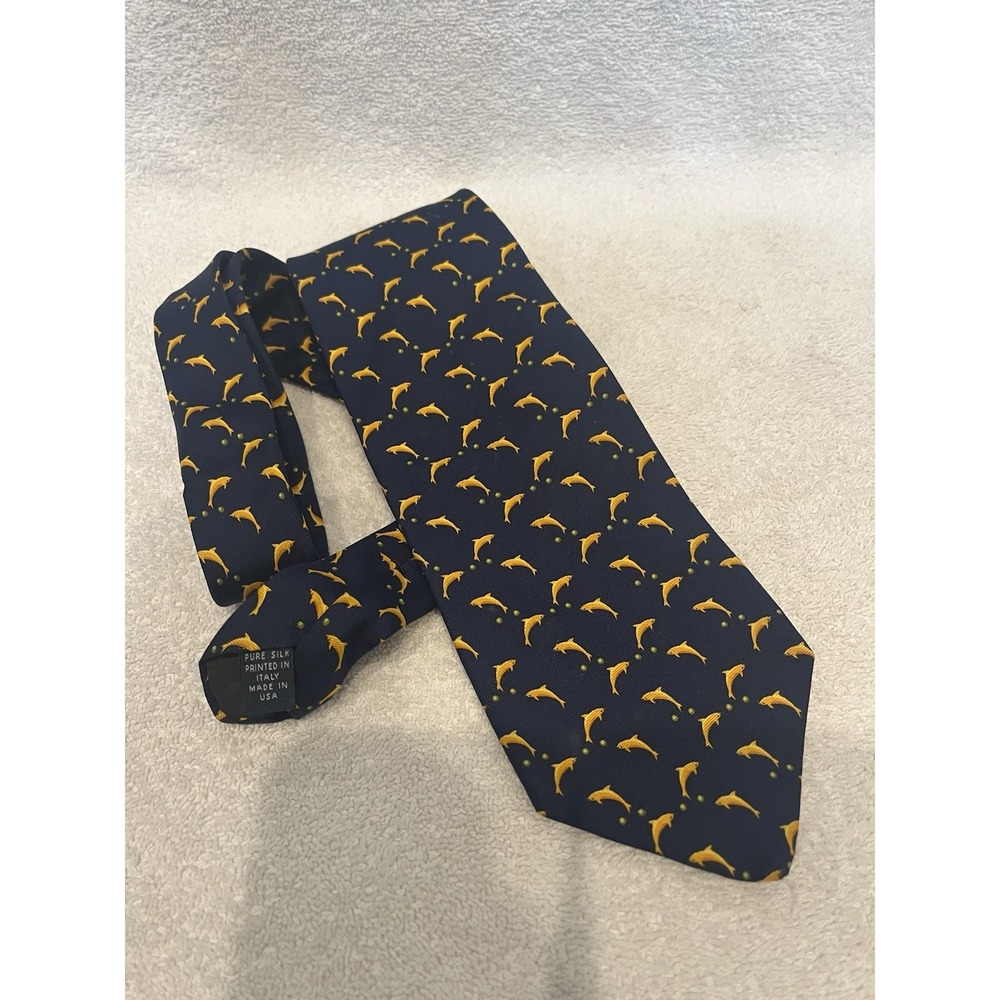 Brooks Brothers Makers Navy Blue Yellow DOLPHINS Pure Silk Tie Italy USA‎ 58" - Picture 2 of 3